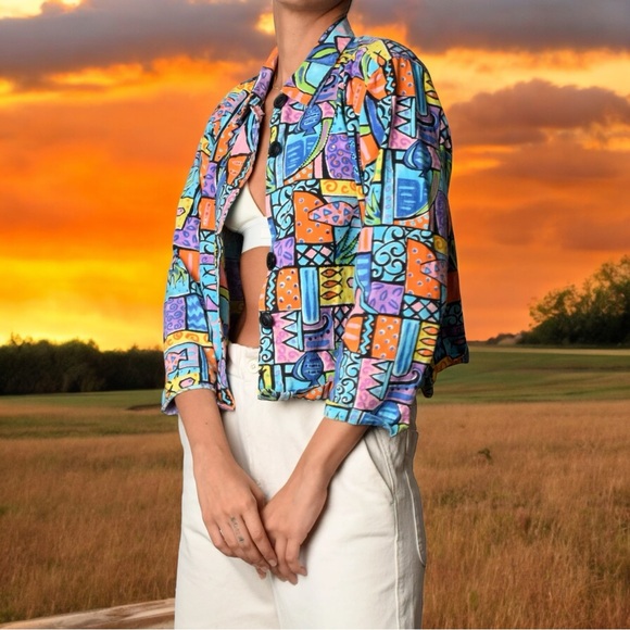 Vintage 80s Retro Groovy Rainbow Abstract Sequin Fish Art To Wear Blazer Jacket - Picture 4 of 11